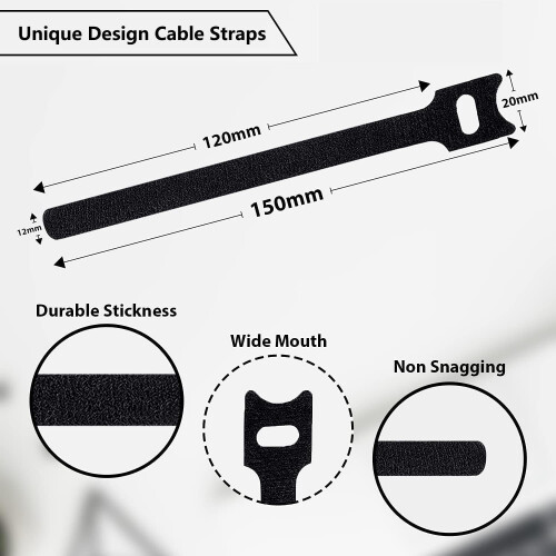 Reusable Cable Ties Hook and Loop 50 Pack 150mm x 12mm Black 1