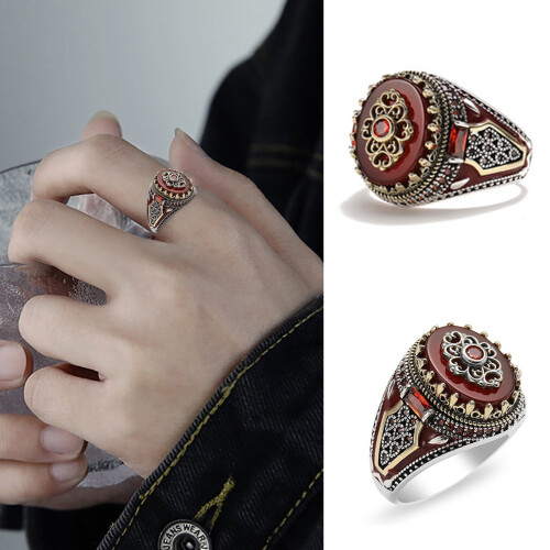 Meidiya vintage red stone ring for men, two-tone crown 2
