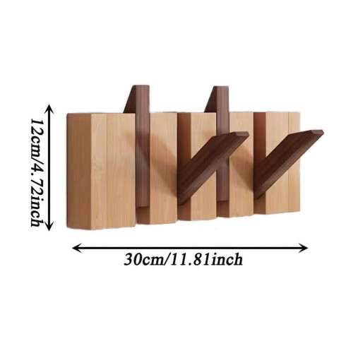 Natural Wood Wall-Mounted Coat Rack with 4 Flip Hooks 1