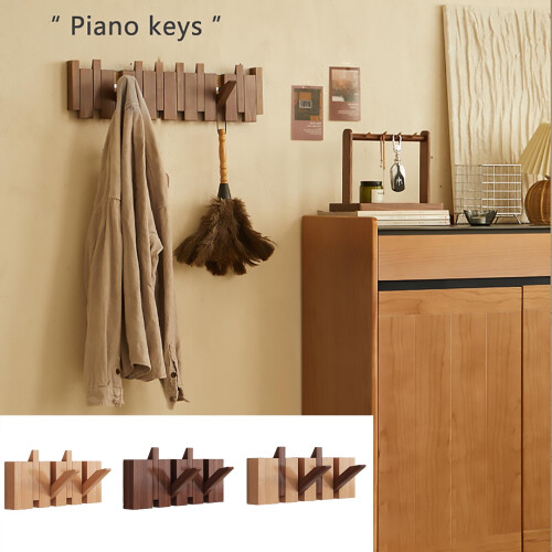 Natural Wood Wall-Mounted Coat Rack with 4 Flip Hooks 2