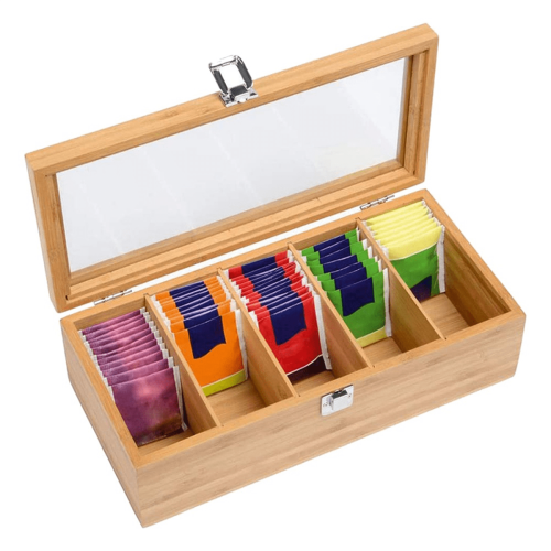 Bamboo Tea Bag Organizer with 5 Compartments 2