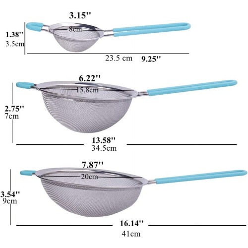 Stainless Steel Fine Mesh Strainers Set 3 pcs 3.15 6.22 1