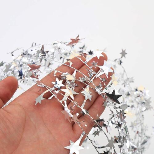 Star Tinsel Garland with Wire Silver 25ft 3PCS 2