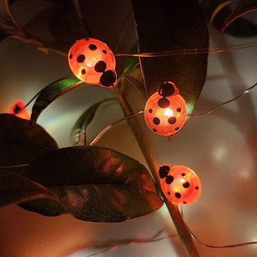 Ladybug String Lights 9.8ft 30 LED Battery Silver Wire Red 1