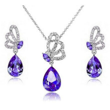 Women's butterfly rhinestone pendant necklace and earrings