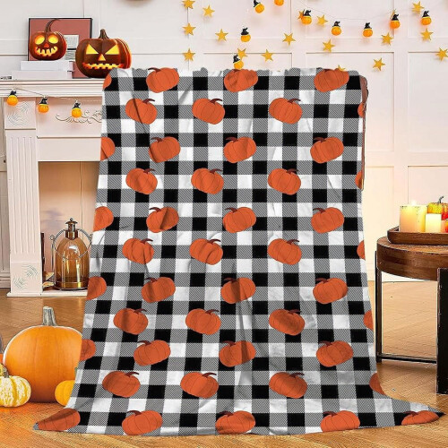 Orange Pumpkin Throw Blanket Black White Buffalo Plaid
