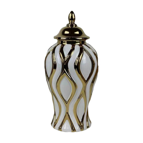 Ceramic ginger jar vase with lid white gold medium 1
