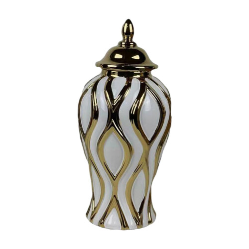 Ceramic ginger jar vase with lid white gold medium 2