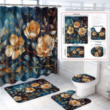 4Pcs Polyester Bathroom Shower Curtain Sets with Bath Rugs, Gold Flower Pattern, Compatible with Standard Showers