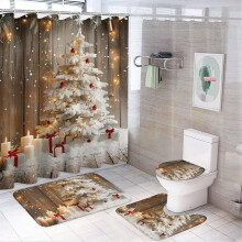 Ensemble de 4 pièces comprenant un rideau de douche lumineux motif sapin enneigé, un tapis de bain, un couvre-abattant de toilette et un tapis de