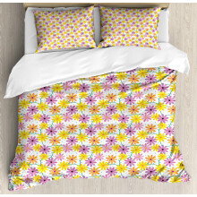 Set de lenjerie de pat Garden Art, fundal punctat cu gerbera colorate, set de 3 piese cu 2 fețe de pernă, violet pal galben