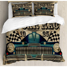 Set de husă de pilotă Cars, temă tradițională de curse cu vehicule vechi, design rustic cu steaguri americane de mașini, lenjerie de pat 3