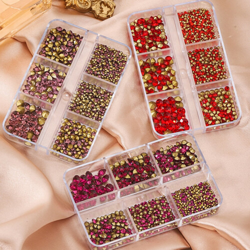 Pink Nail Rhinestones Box with 6 Grids Waterproof 2