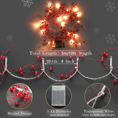 Christmas String Lights Red Berry Beaded Garland 10ft 30LED 2