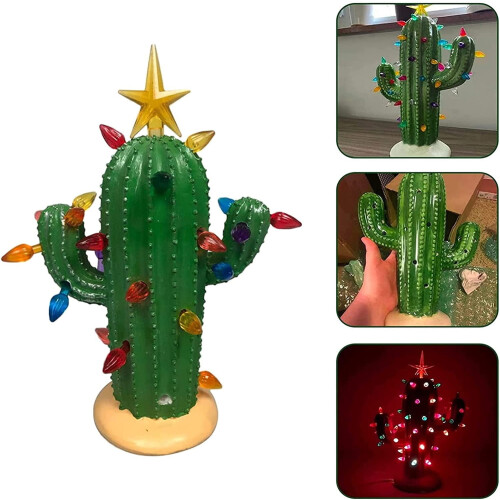 Prelit Cactus Christmas Tree Resin Ceramic 6.7 Inch 2
