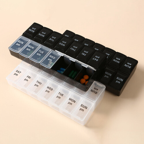 Pink pill organizer with letters, 14-compartment weekly 2