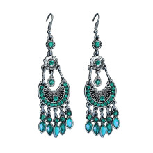 Bohemian rhinestone crescent moon earrings with long fringe