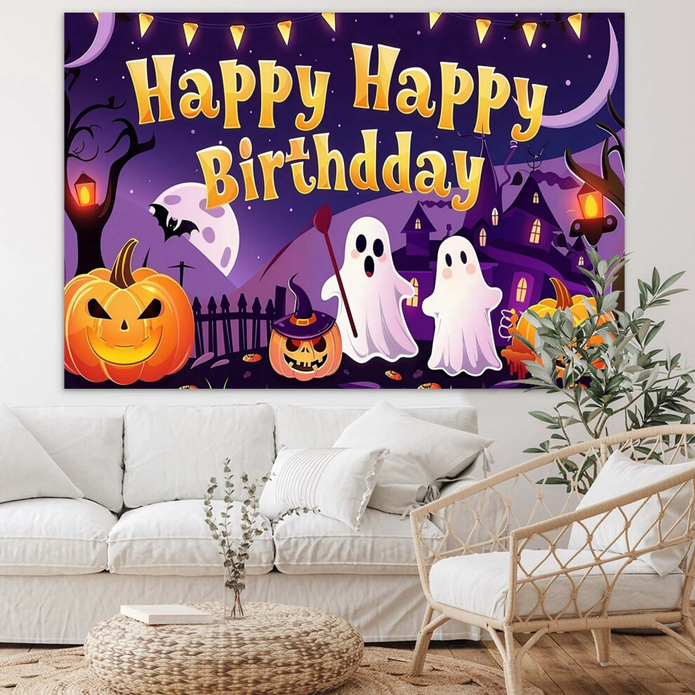 Halloween Fabric Banner Background With Pumpkin Bat Moon 946140144559