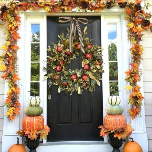 Autumn Teardrop Wreath with Pumpkins Berries and Maple 1