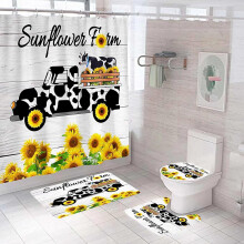 Ensemble de douche 4 pièces style ferme, motif vache, camion et tournesol, avec tapis antidérapant, tapis en forme de U, couvre-toilettes et 12