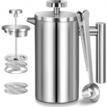 Cafetière à piston en acier inoxydable noir, 620 ml (21 oz), double paroi isolante, argentée - Comprend 3 filtres supplémentaires et une
