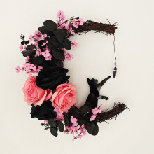 Moon Cat Wreath with Flowers for Door Decor