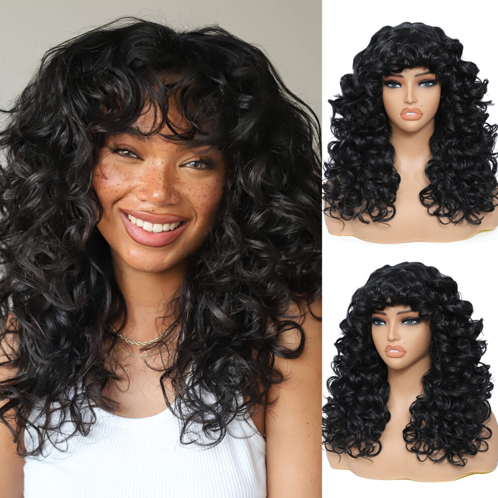 Curly Wavy Wig for Women 20 Inch with Bangs