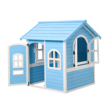 Fir Wood Kids Outdoor Playhouse Blue Painted Polished Wooden Play House with Lockable Door & Arched Windows