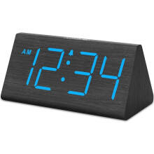 Wooden Digital Alarm Clock Blue Large Display USB Battery