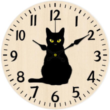 Black Cat Halloween Wall Clock Wooden Round 12-inch