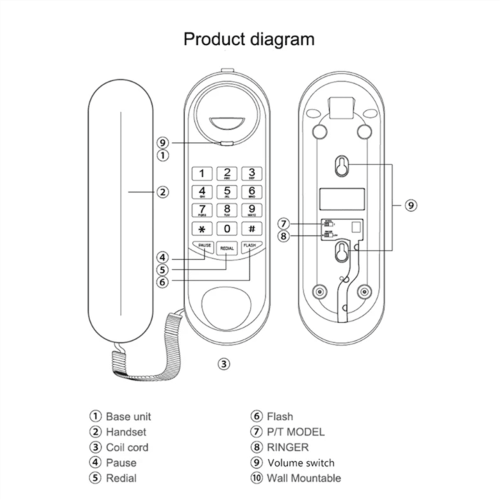 TCF1000 Wall-Mounted Telephone with Redial and Flash Memory 2