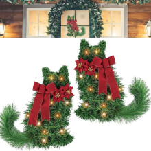 Cat Christmas Wreath with LED Lights Green Artificial Pine