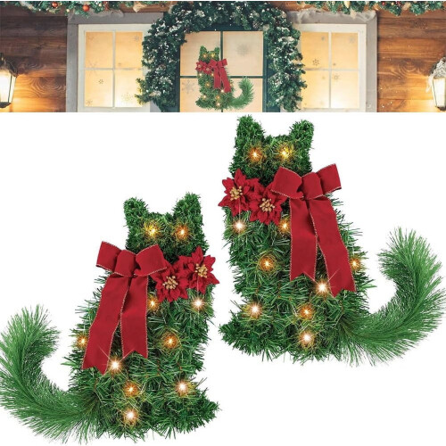 Cat Christmas Wreath with LED Lights Green Artificial Pine