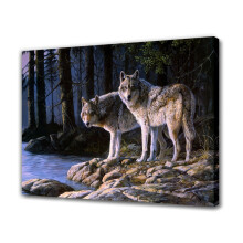 Two Wolves on River Bank Forest Wall Art Canvas Poster