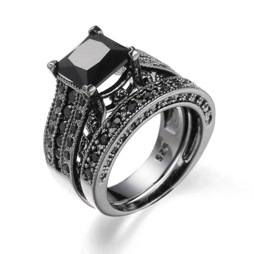Jacenvly women's vintage black engagement ring set 2-piece
