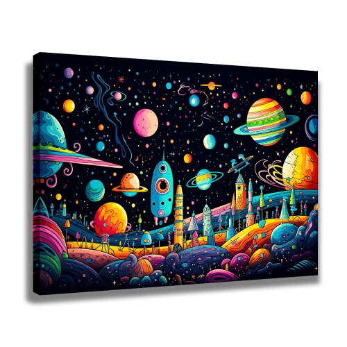 Space Scene Canvas Poster with Planets Asteroids Spaceships 1