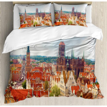 Set de husă de pilotă europeană, peisaj urban al orașului nostalgic, oraș antic polonez cu turn de castel, set de lenjerie de pat din 3 piese cu