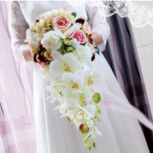 White Wedding Bouquet Artificial Waterfall Style with Pearls