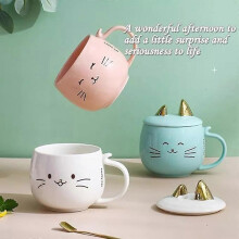 (blue) Pink Cat Mug,Kitty Mug,Cat Coffee Mug with Ears,Cute Cat Mug with Lid and Spoon