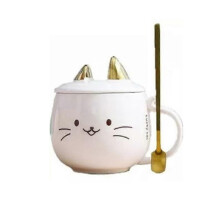 (white) Pink Cat Mug,Kitty Mug,Cat Coffee Mug with Ears,Cute Cat Mug with Lid and Spoon