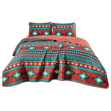 Ensemble de courtepointe 3 pièces à motifs géométriques tribaux du Sud-Ouest - Couvre-lit matelassé léger multicolore rouge, turquoise et