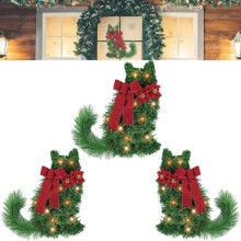 Cat Christmas Wreath Pre-lit Green with LED Lights Red Bow