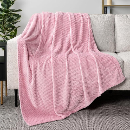 Light Pink Fleece Throw Blanket, Waffle Texture, 50x60 2
