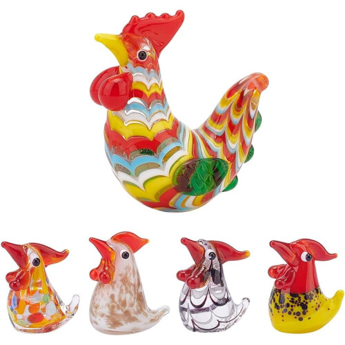 Hand Blown Glass Rooster Figurine Set 5 pcs