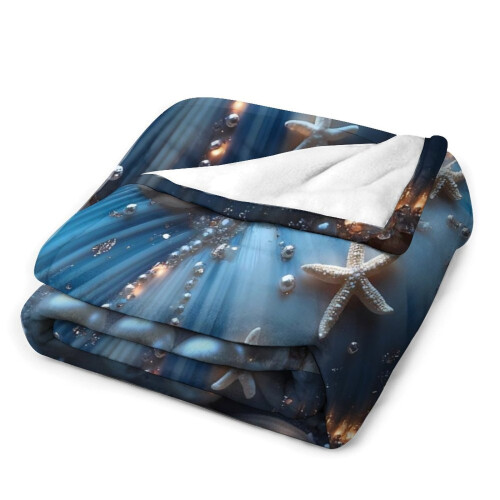 Ocean Blue Shell Pearl Starfish Flannel Throw Blanket 50x60 2