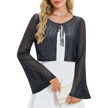 Cardigan en dentelle femme, surchemise élégante légère gris-bleu L — bolero femme mariage, gilet dentelle court