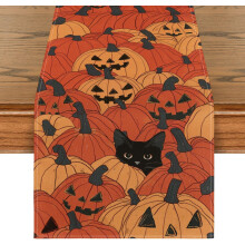 Decorative Halloween Table Runner Black Cat and Pumpkins Orange 40x180 cm — halloween runner, cat pumpkin runner