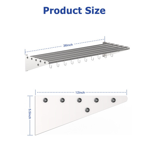 Stainless Steel Wall-Mount Floating Shelf with S Hooks, 1 2