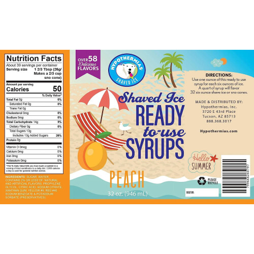 Peach Shaved Ice Syrup Quart (32 fl oz) Non-GMO Pure Cane 1