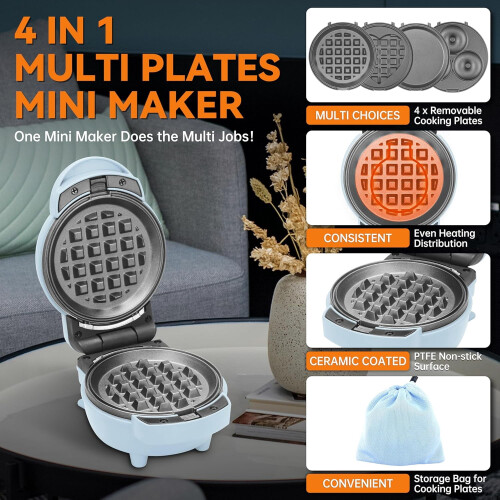 Mini Waffle Maker 4-in-1 Blue with Removable Plates 1